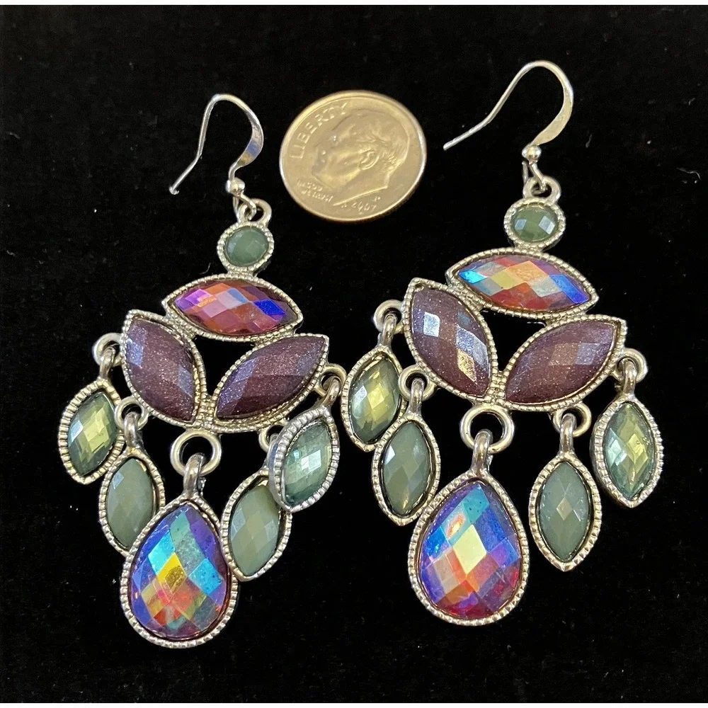 Earrings Iridescent “Oil Spill” Aurora Borealis Chandelier Dangle Bridal Formal